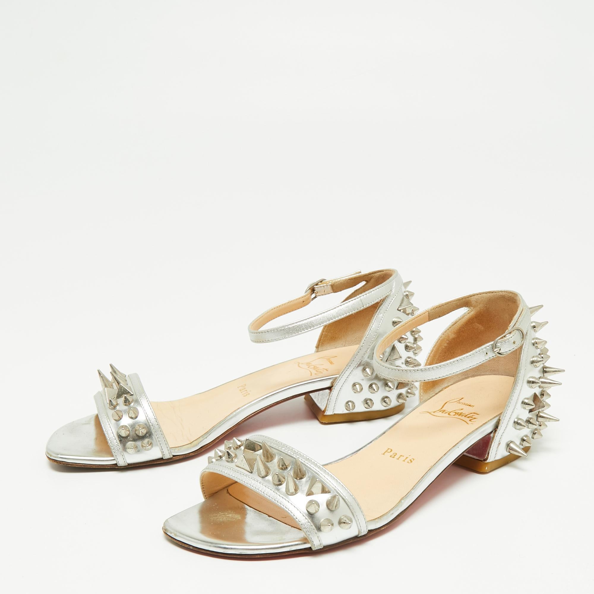 Christian Louboutin Silver Leather Studded Druide Ankle-Strap Sandals Size 35.5 For Sale 5