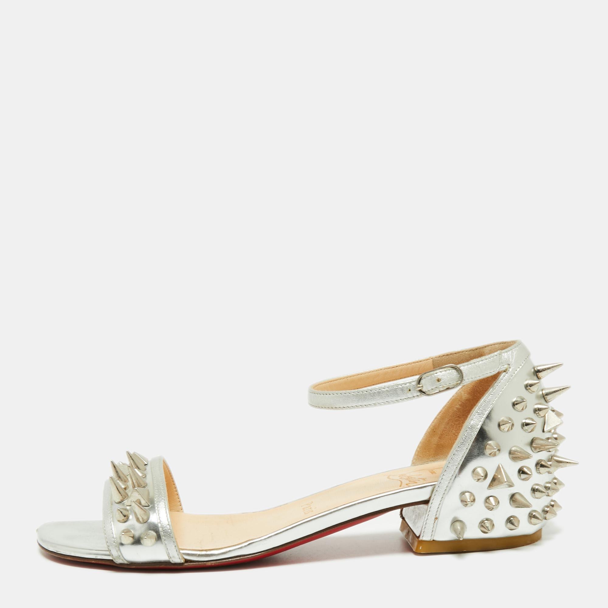 Christian Louboutin Silver Leather Studded Druide Ankle-Strap Sandals Size 35.5 For Sale