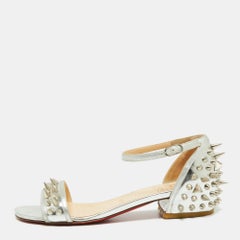 Christian Louboutin Silver Leather Studded Druide Ankle-Strap Sandals Size 35.5
