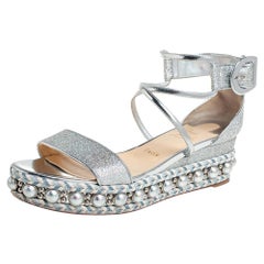 Christian Louboutin Silver Lurex Fabric Wedge Platform Espadrille Sandals Size39