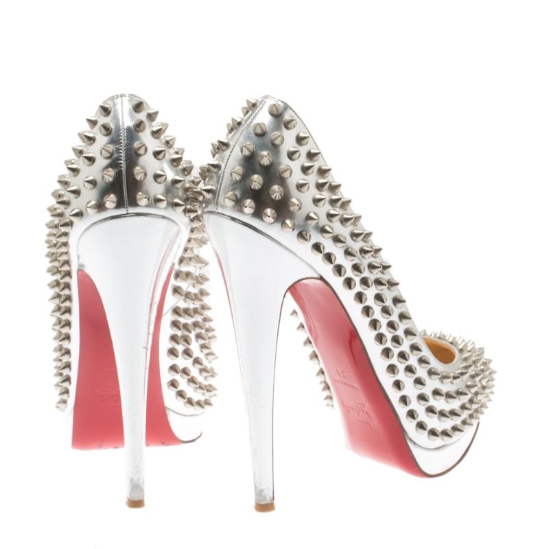 Women's Christian Louboutin Silver Metallic Leather Alti Spike Platform Pumps Size 39