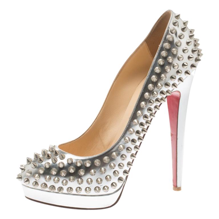 Christian Louboutin Silver Metallic Leather Alti Spike Platform Pumps Size 39