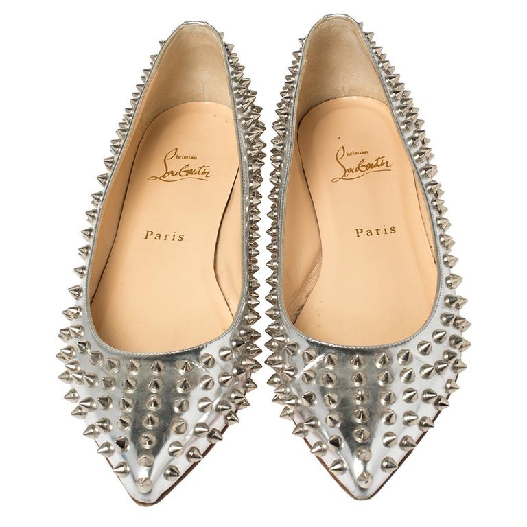 Christian Louboutin Silver Metallic Leather Pigalle Spikes Flats Size ...