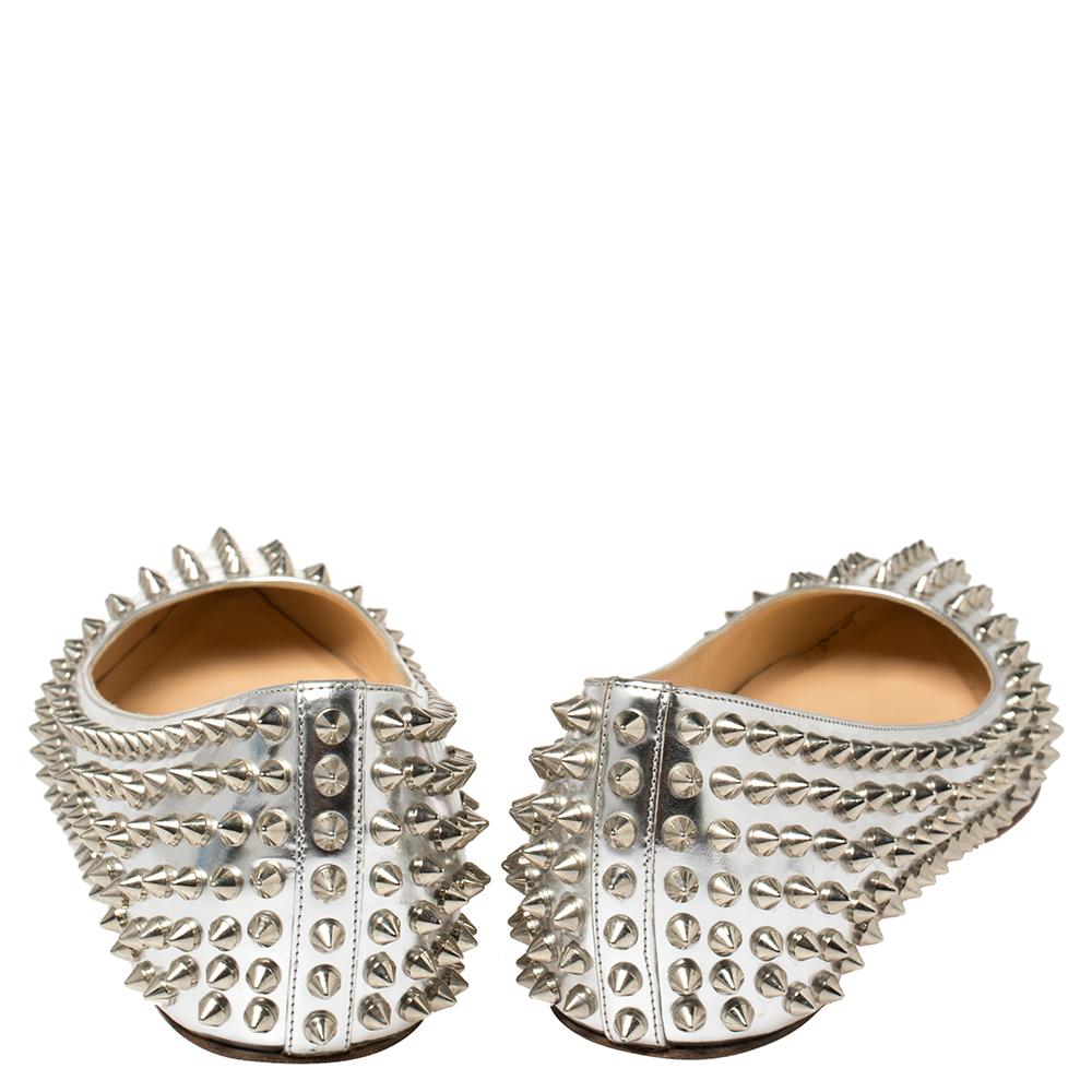 Beige Christian Louboutin Silver Metallic Leather Pigalle Spikes Flats Size 39.5