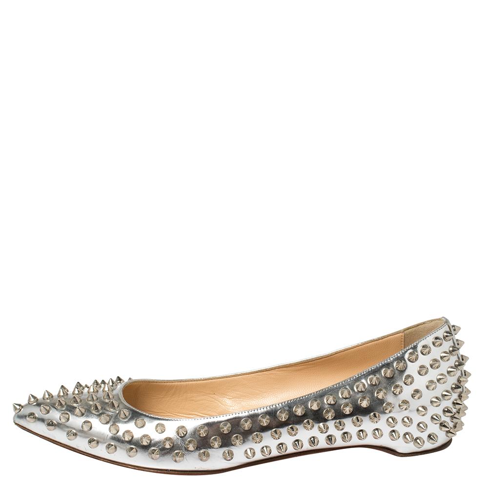 Women's Christian Louboutin Silver Metallic Leather Pigalle Spikes Flats Size 39.5