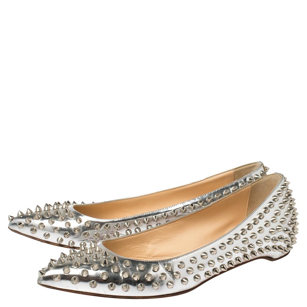 Christian Louboutin Silver Metallic Leather Pigalle Spikes Flats Size 39.5 2