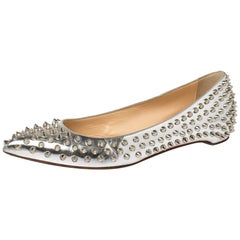 Christian Louboutin Silver Metallic Leather Pigalle Spikes Flats Size 39.5