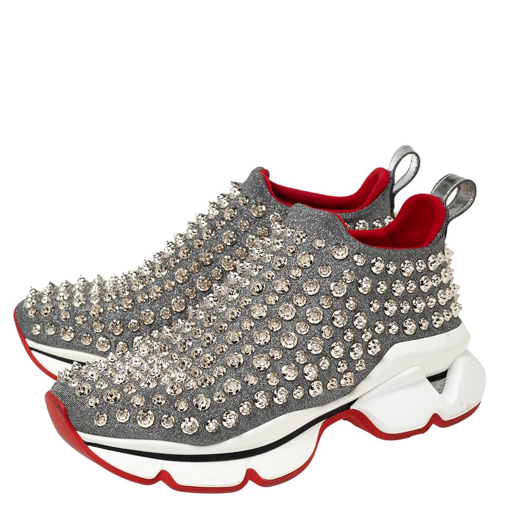 Women's Christian Louboutin Silver Neoprene Spike Sock Slip On Platform Sneakers Size 36