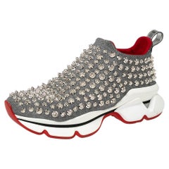 Christian Louboutin Silver Neoprene Spike Sock Slip On Platform Sneakers Size 36