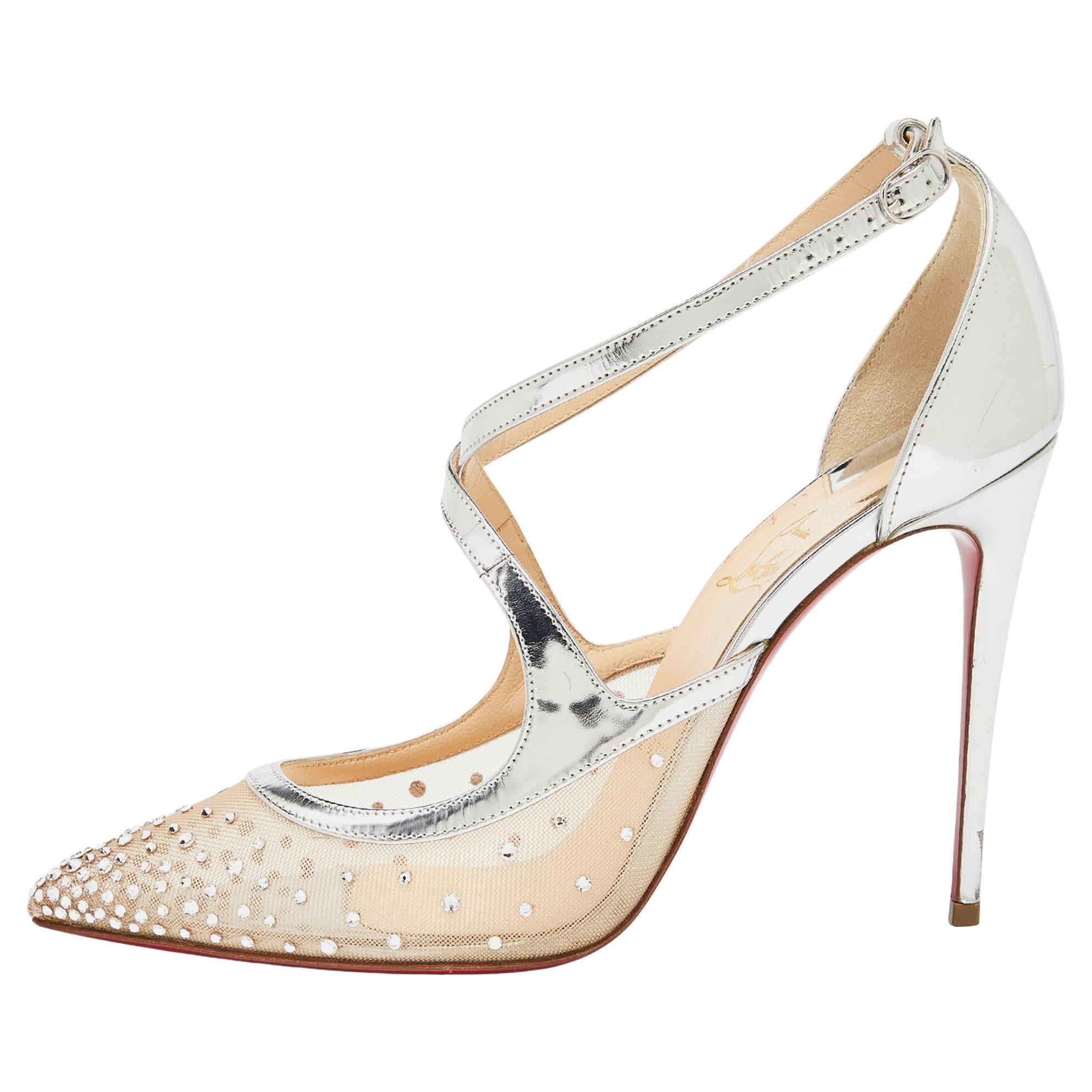 Christian Louboutin Silver Patent Leather and Mesh Twistissima Strass Pumps 