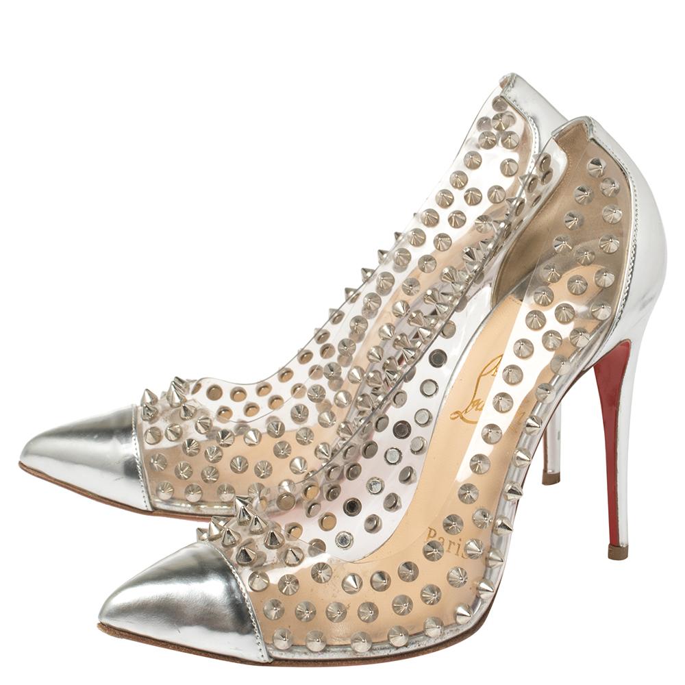 Beige Christian Louboutin Silver Patent Leather And PVC Debout Pumps Size 36