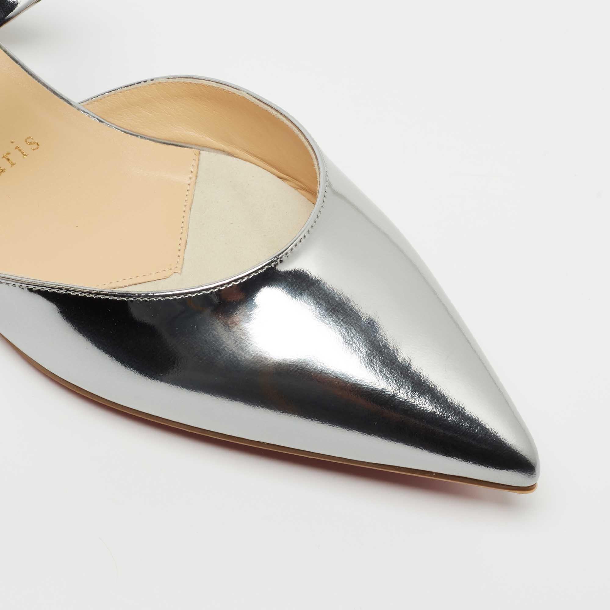 Christian Louboutin Silver Patent Leather Choc Lock Flat Mules Size 38 1