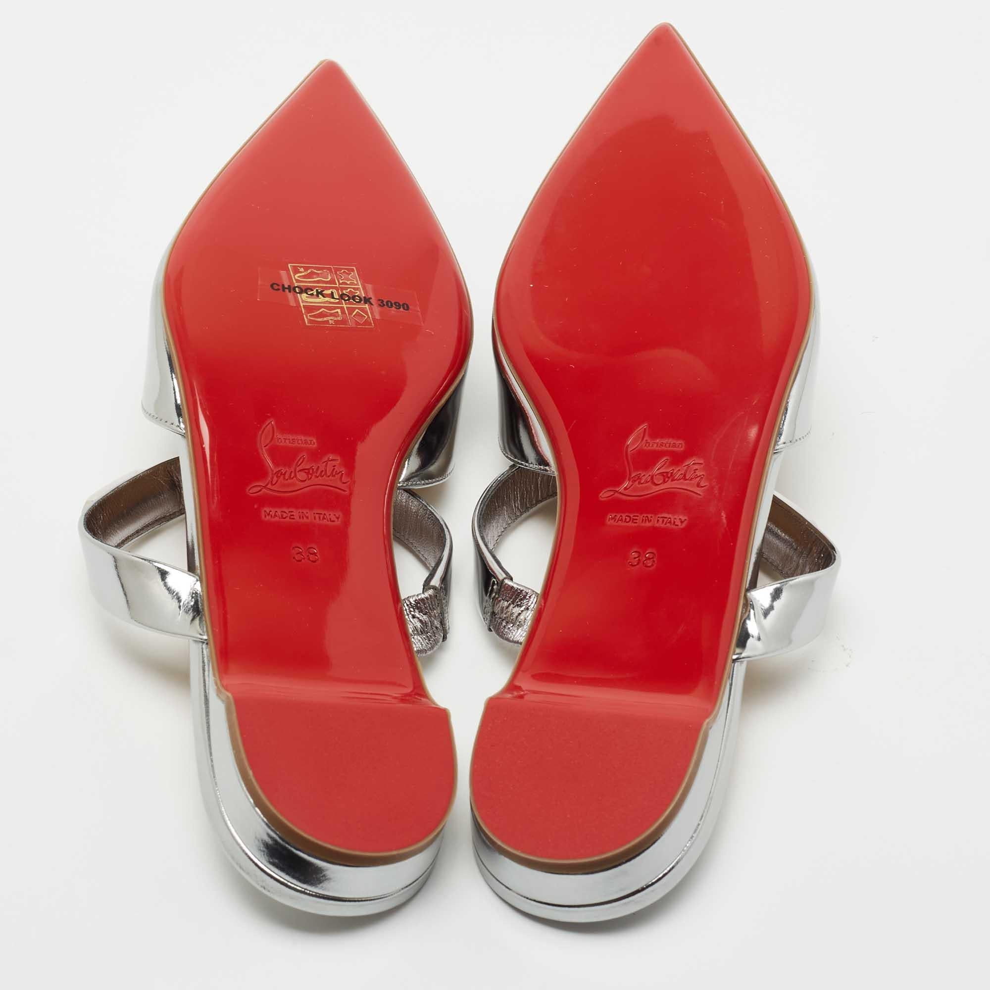 Christian Louboutin Silver Patent Leather Choc Lock Flat Mules Size 38 2