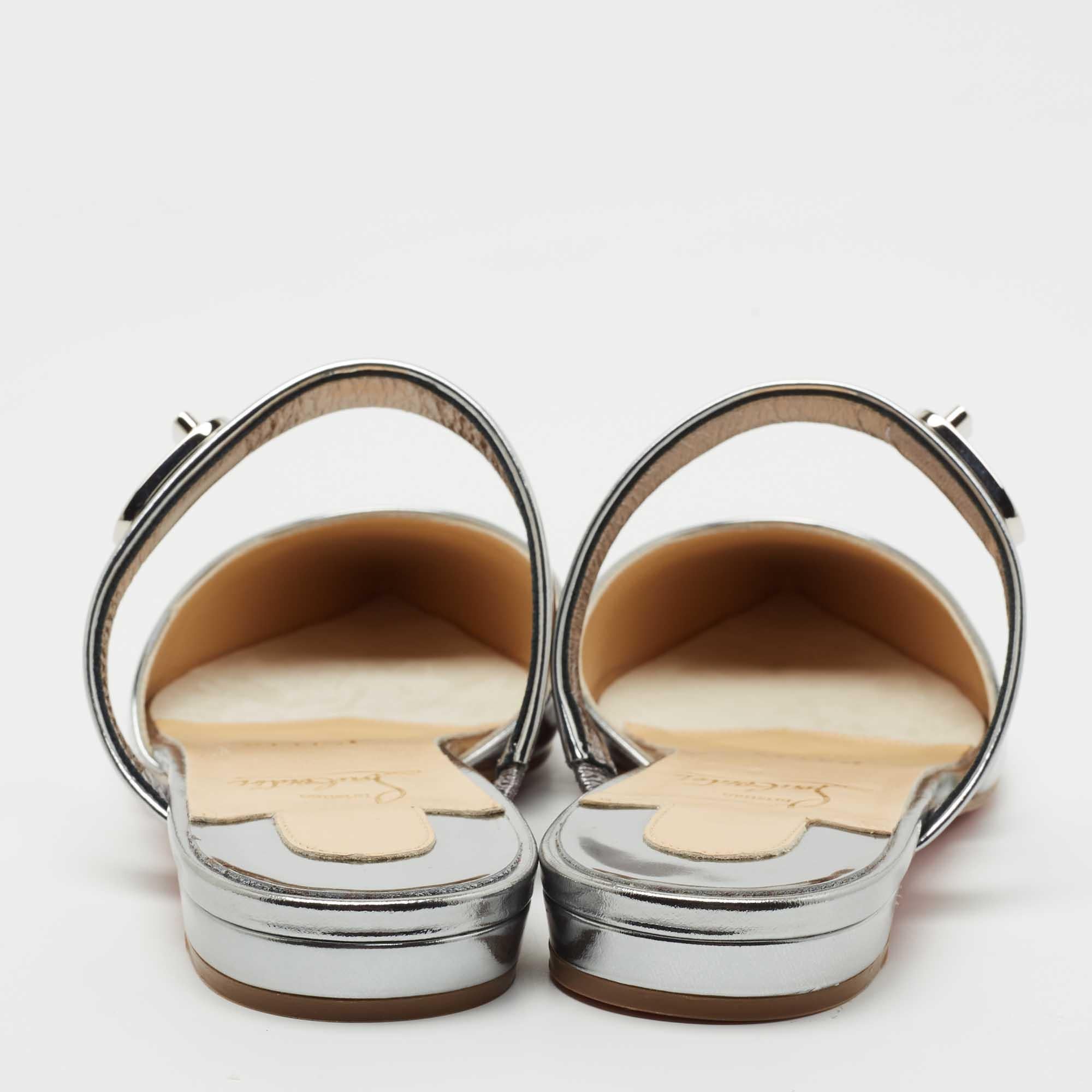 Christian Louboutin Silver Patent Leather Choc Lock Flat Mules Size 38 3