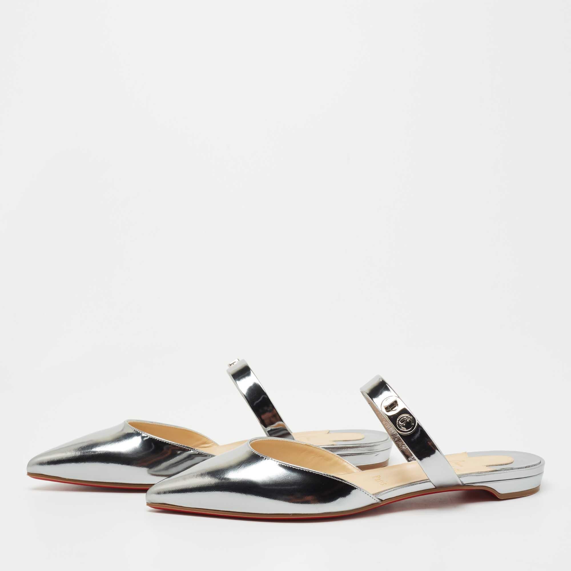 Christian Louboutin Silver Patent Leather Choc Lock Flat Mules Size 38 4
