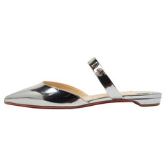 Christian Louboutin Silver Patent Leather Choc Lock Flat Mules Size 38