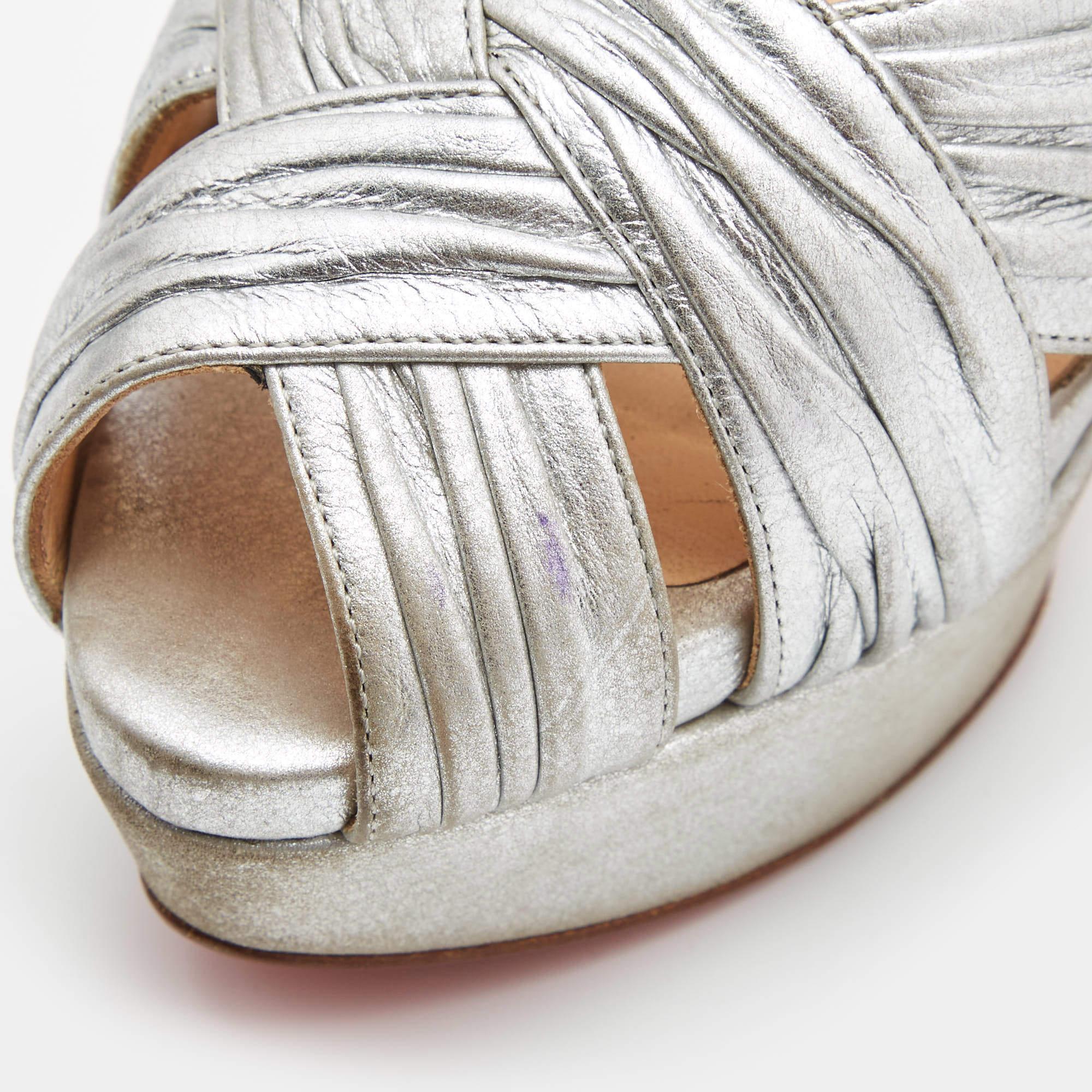 Christian Louboutin Silver Pleated Leather Criss Cross Peep Toe Platform Pumps S In Good Condition In Dubai, Al Qouz 2