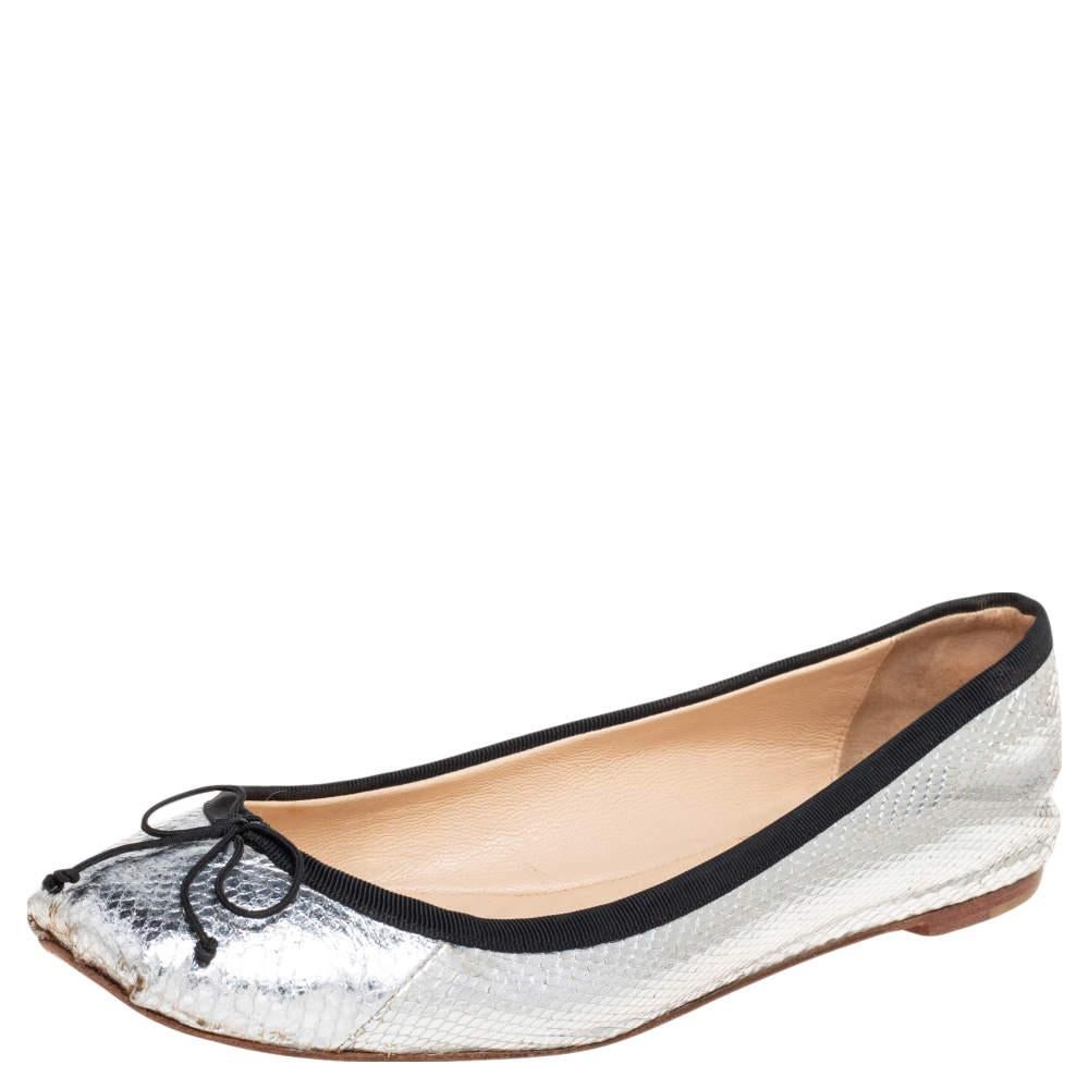 Christian Louboutin Silver Python Embossed Leather Ballet Flats Size 36.5 For Sale 1