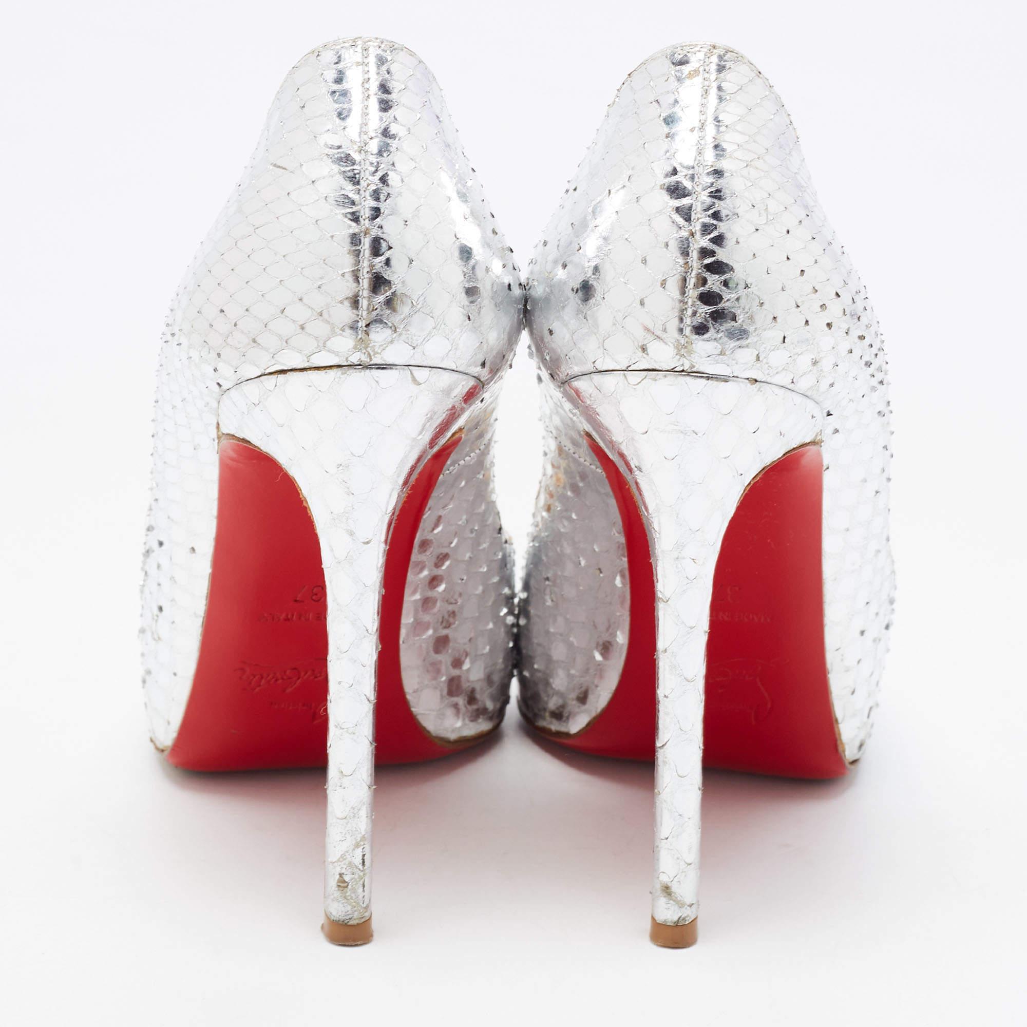 Christian Louboutin Silver Python Flo Peep Toe Pumps Size 37 For Sale 3