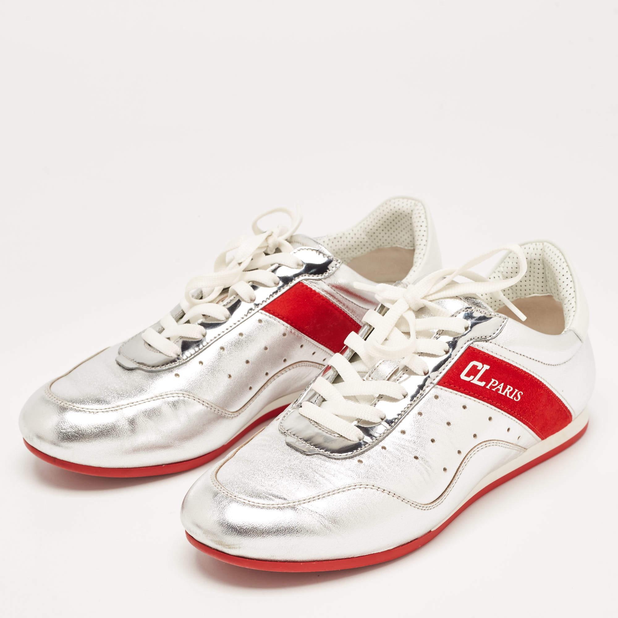 Christian Louboutin Silver/Red Leather and Suede My K Low Sneakers Size 36.5 For Sale 1