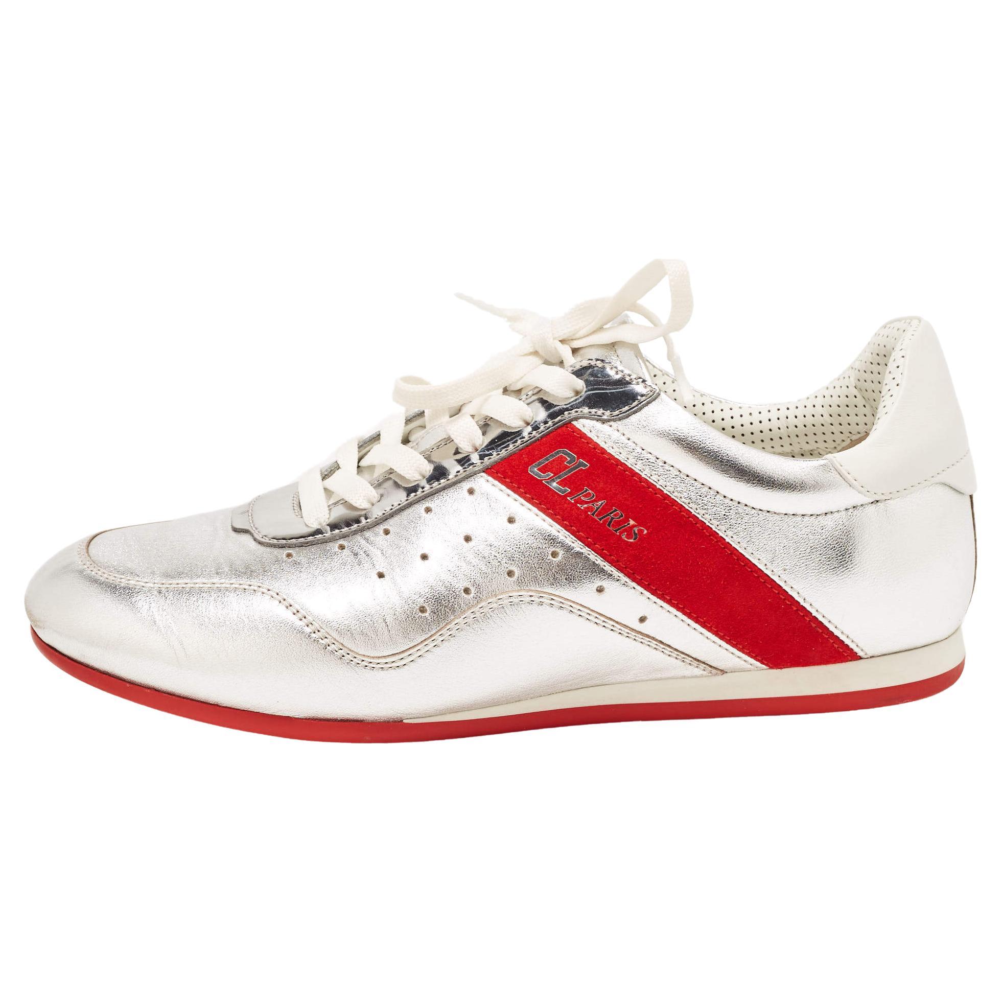 Christian Louboutin Silver/Red Leather and Suede My K Low Sneakers Size 36.5 For Sale