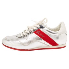 Used Christian Louboutin Silver/Red Leather and Suede My K Low Sneakers Size 36.5