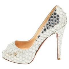 Used Christian Louboutin Silver Scaled Sequins and Leather Poseidon Pumps Size 38