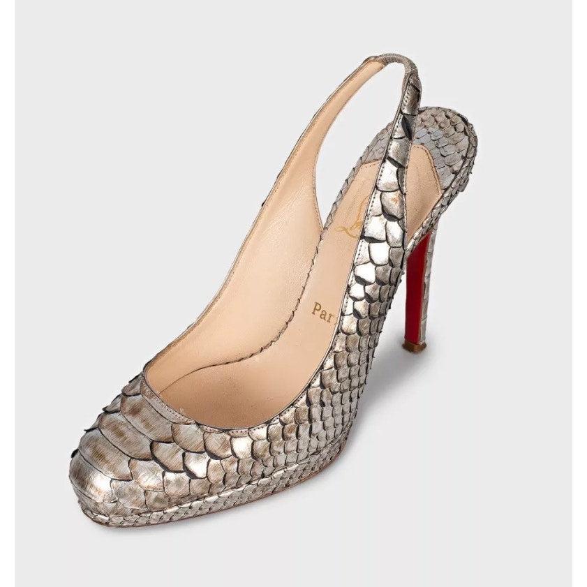 Christian Louboutin Silber Schlangenhaut Slingback Heels 37 (Braun) im Angebot