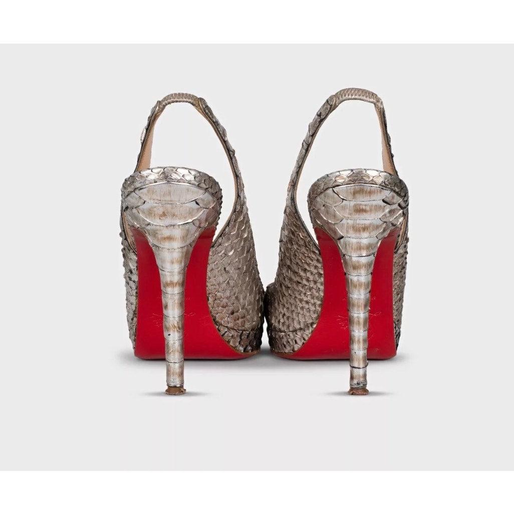 Christian Louboutin Silber Schlangenhaut Slingback Heels 37 im Zustand „Gut“ im Angebot in Krakow, PL