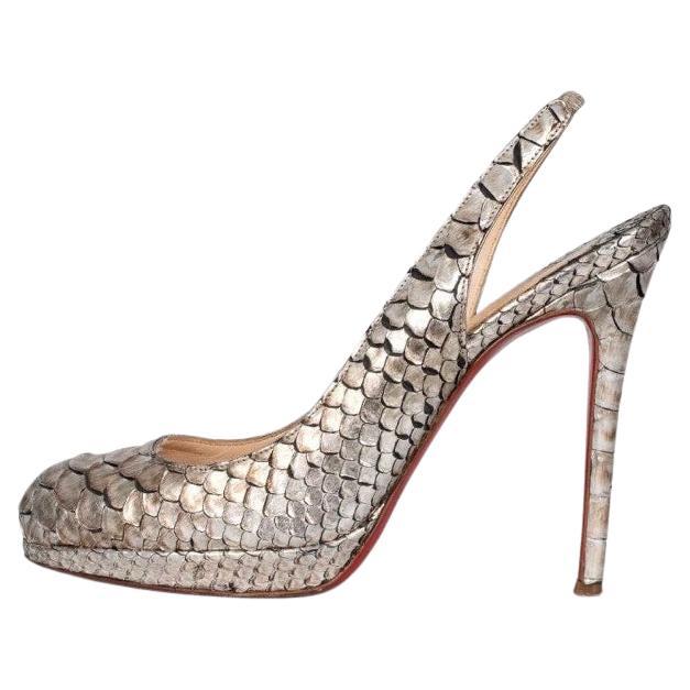 Christian Louboutin Silver Snakeskin Slingback Heels 37