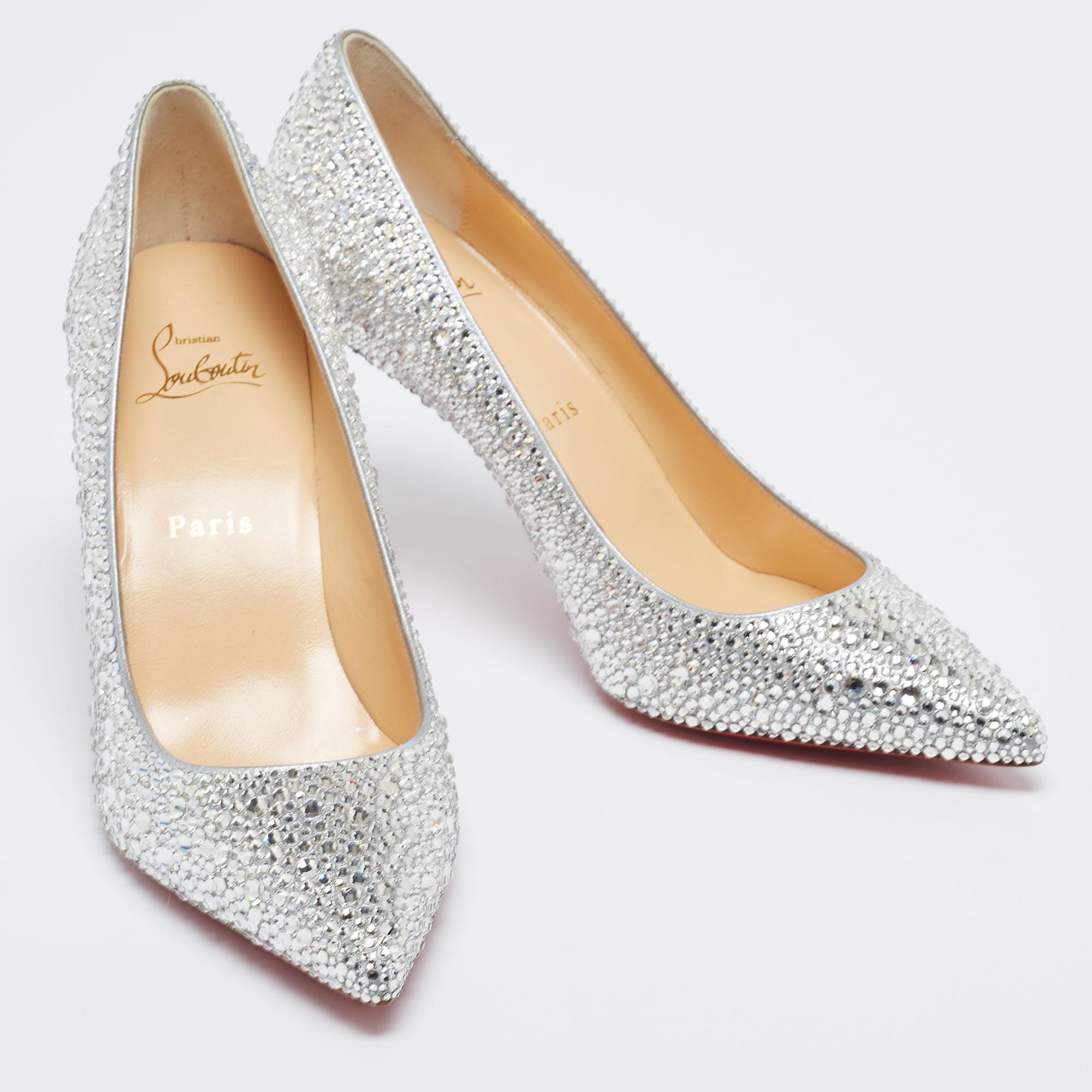 Christian Louboutin Silver Strass Leather Kate Pumps Size 38 In Excellent Condition In Dubai, Al Qouz 2