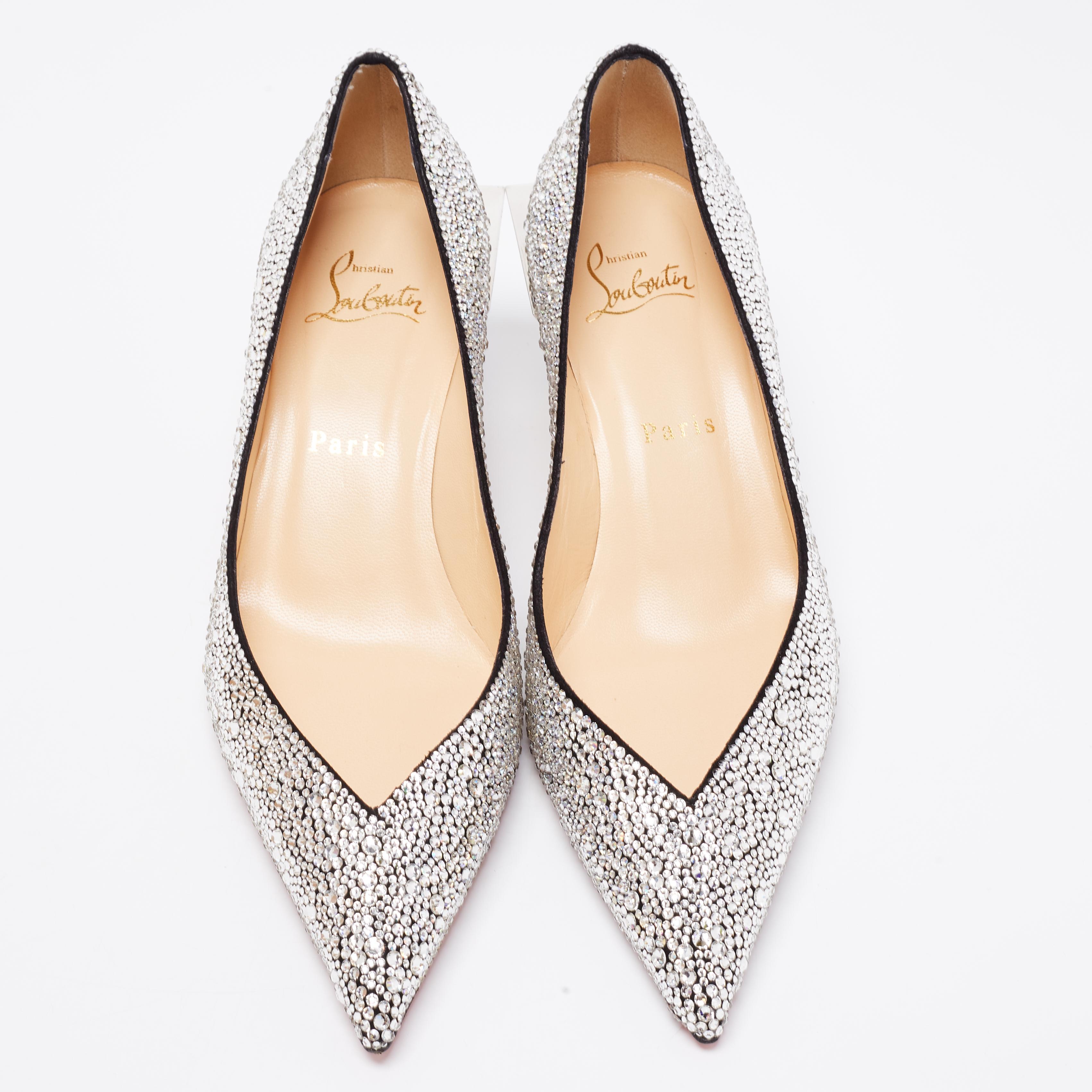 Beige Christian Louboutin Silver Suede Galaxister Strass Pumps Size 37 For Sale