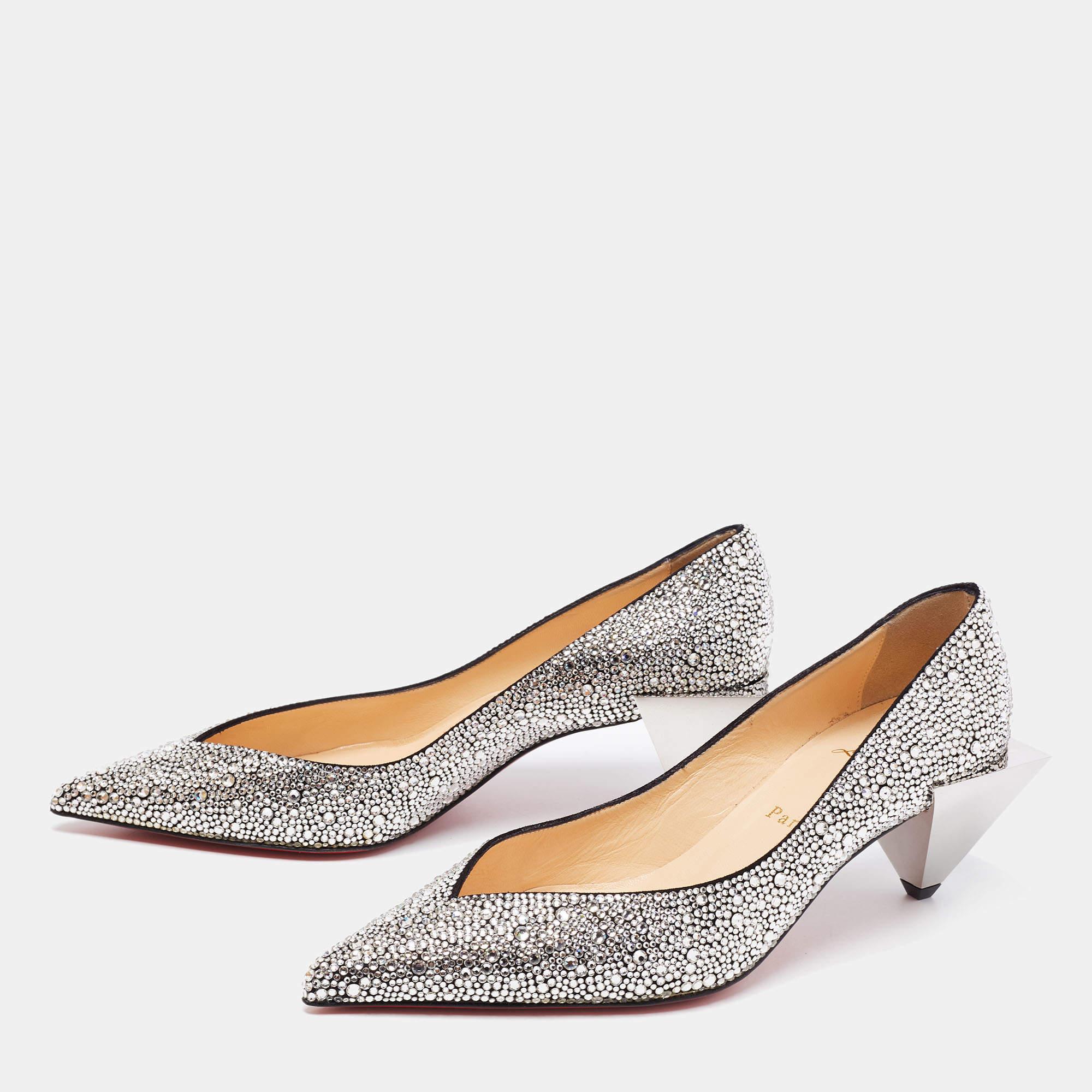 Christian Louboutin Silver Suede Galaxister Strass Pumps Size 37 In Excellent Condition For Sale In Dubai, Al Qouz 2