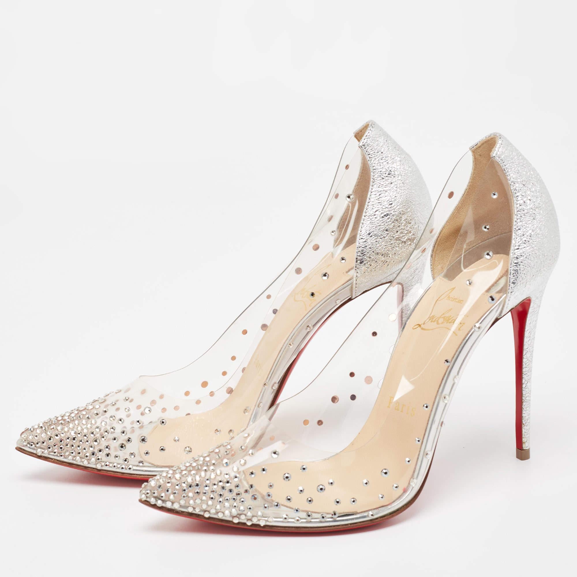 Beige Christian Louboutin Silver Textured Leather and PVC Degrastrass Pumps Size 38.5