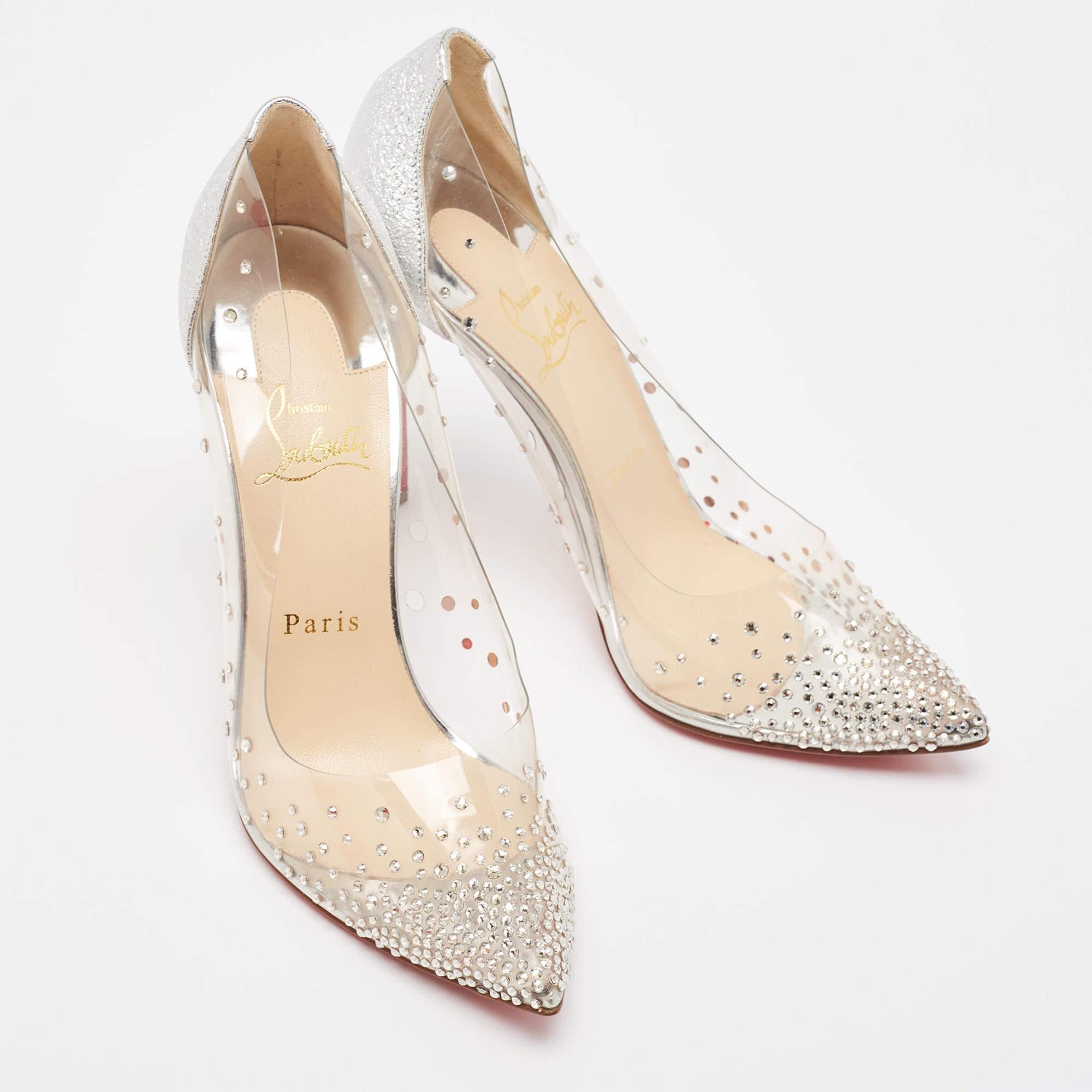 Women's Christian Louboutin Silver Textured Leather and PVC Degrastrass Pumps Size 38.5