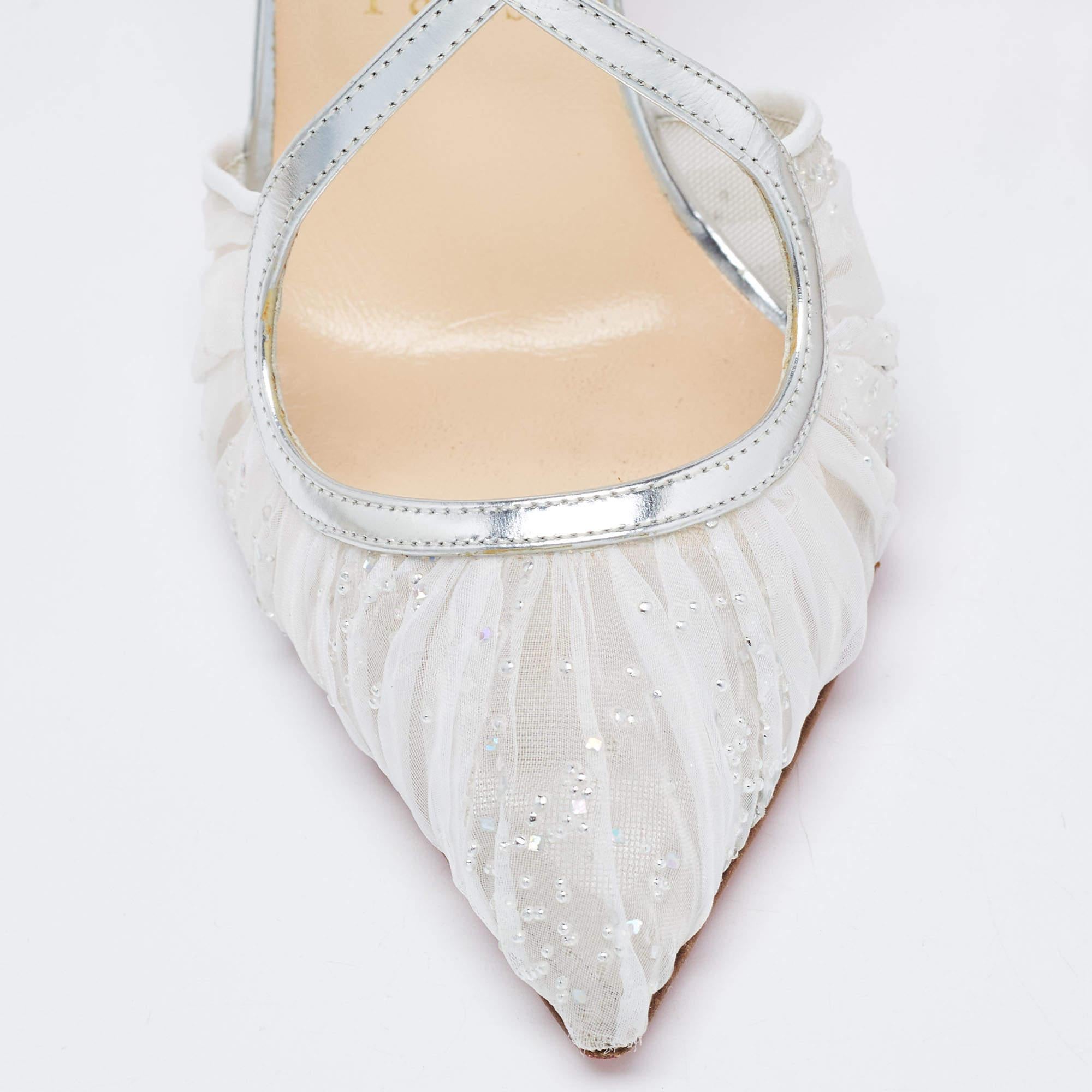 Women's Christian Louboutin Silver/White Lace and Satin Twistissima Pumps Size 38.5