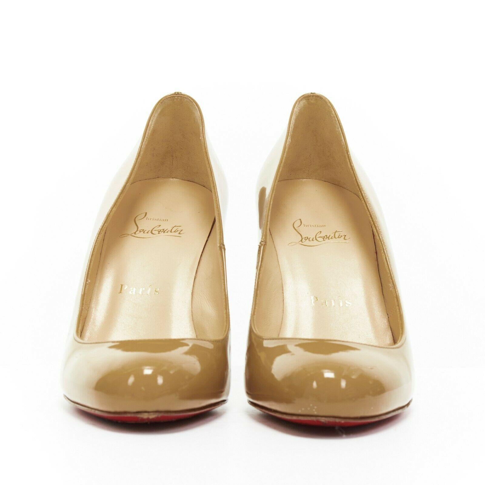 Brown CHRISTIAN LOUBOUTIN Simple 85 nude patent leather round toe slim heel pump EU37