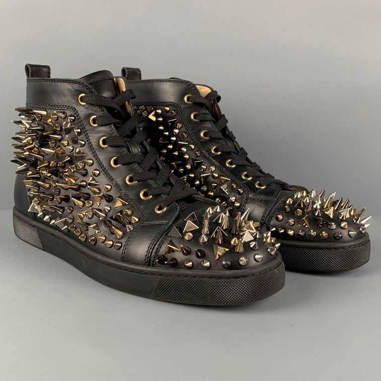 CHRISTIAN LOUBOUTIN Size 10 Black Gold Leather Louis All Over Spikes High  Top Sneakers
