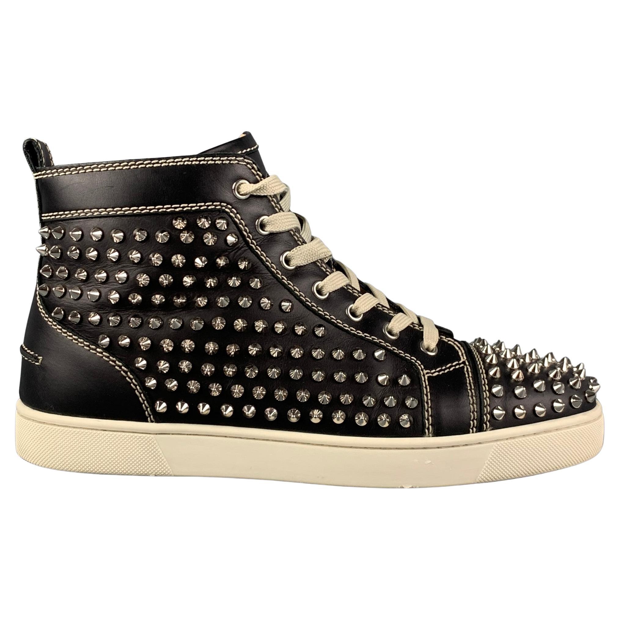CHRISTIAN LOUBOUTIN Size 10 Black White Leather Louis All Over Spikes  Sneakers at 1stDibs