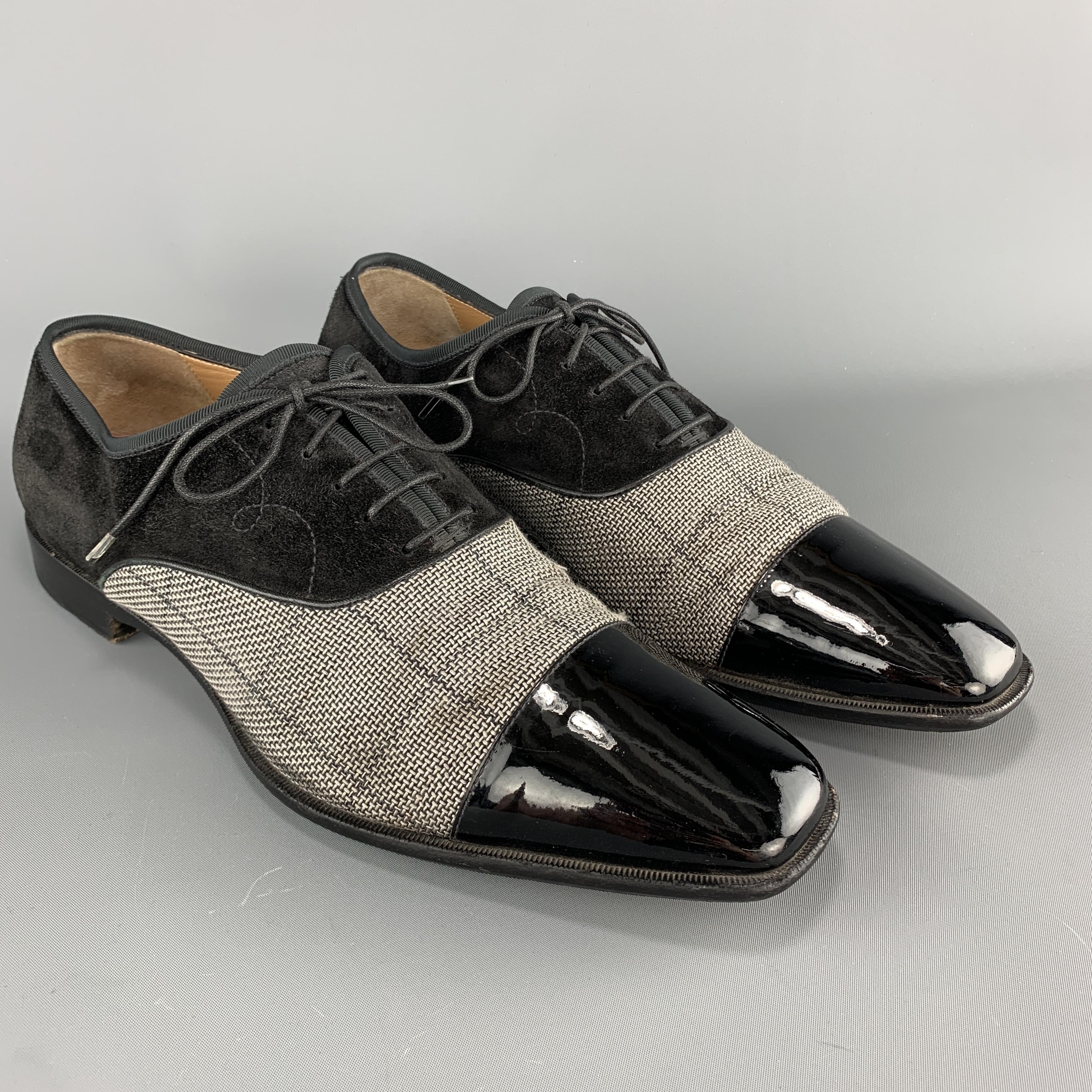 CHRISTIAN LOUBOUTIN dress shoes come in black suede with a silver gray woven fabric panel and patent leather toe cap. Wear throughout. As-is. Made in Italy.

Fair Pre-Owned Condition.
Marked: IT 43.5

Outsole: 12.25 x 4.25 in.
