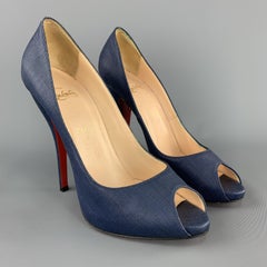CHRISTIAN LOUBOUTIN Size 10.5 Denim Blue Woven Fabric Peep Toe Platform Pumps