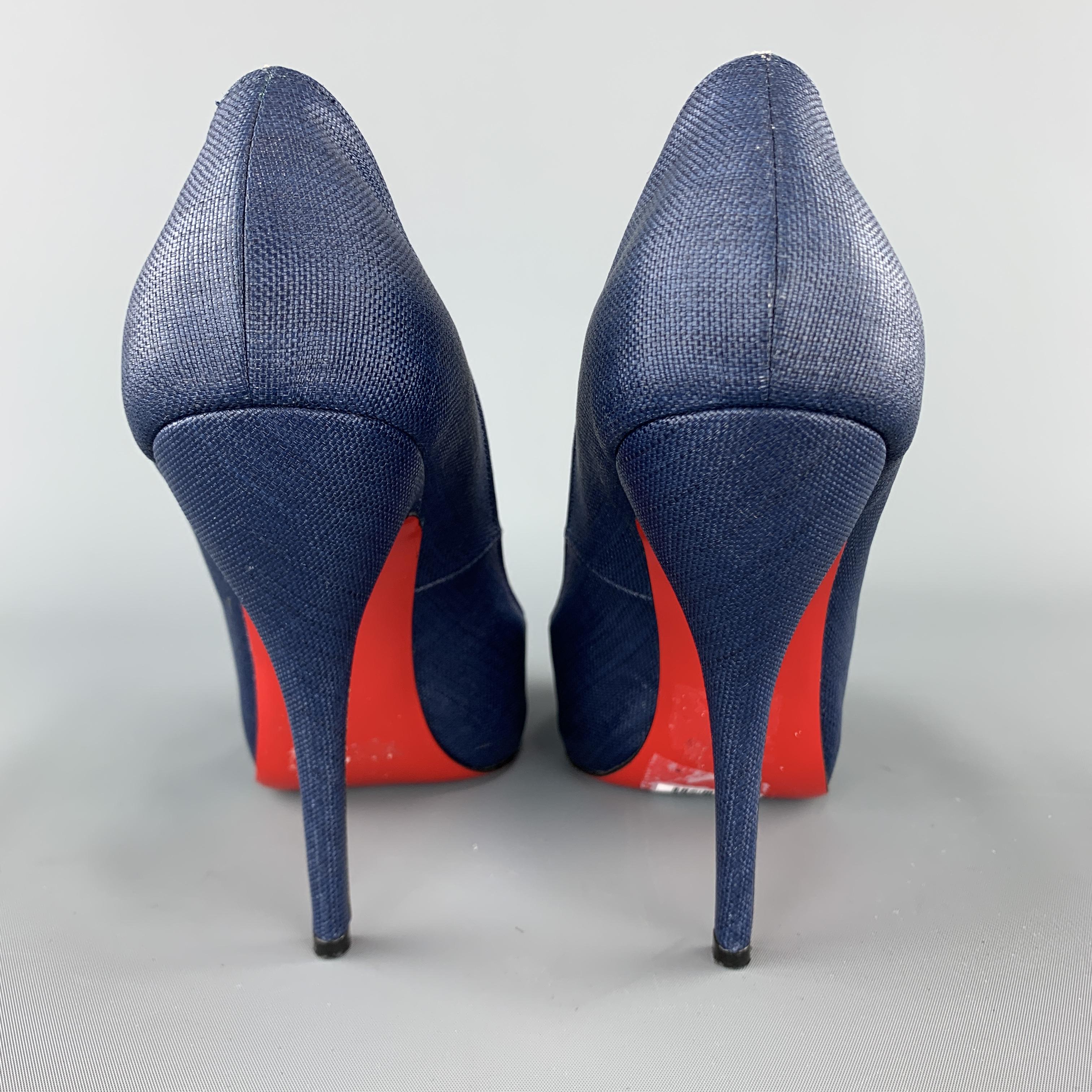 CHRISTIAN LOUBOUTIN Size 10.5 Denim Blue Woven Fabric Peep Toe Platform Pumps In Excellent Condition In San Francisco, CA