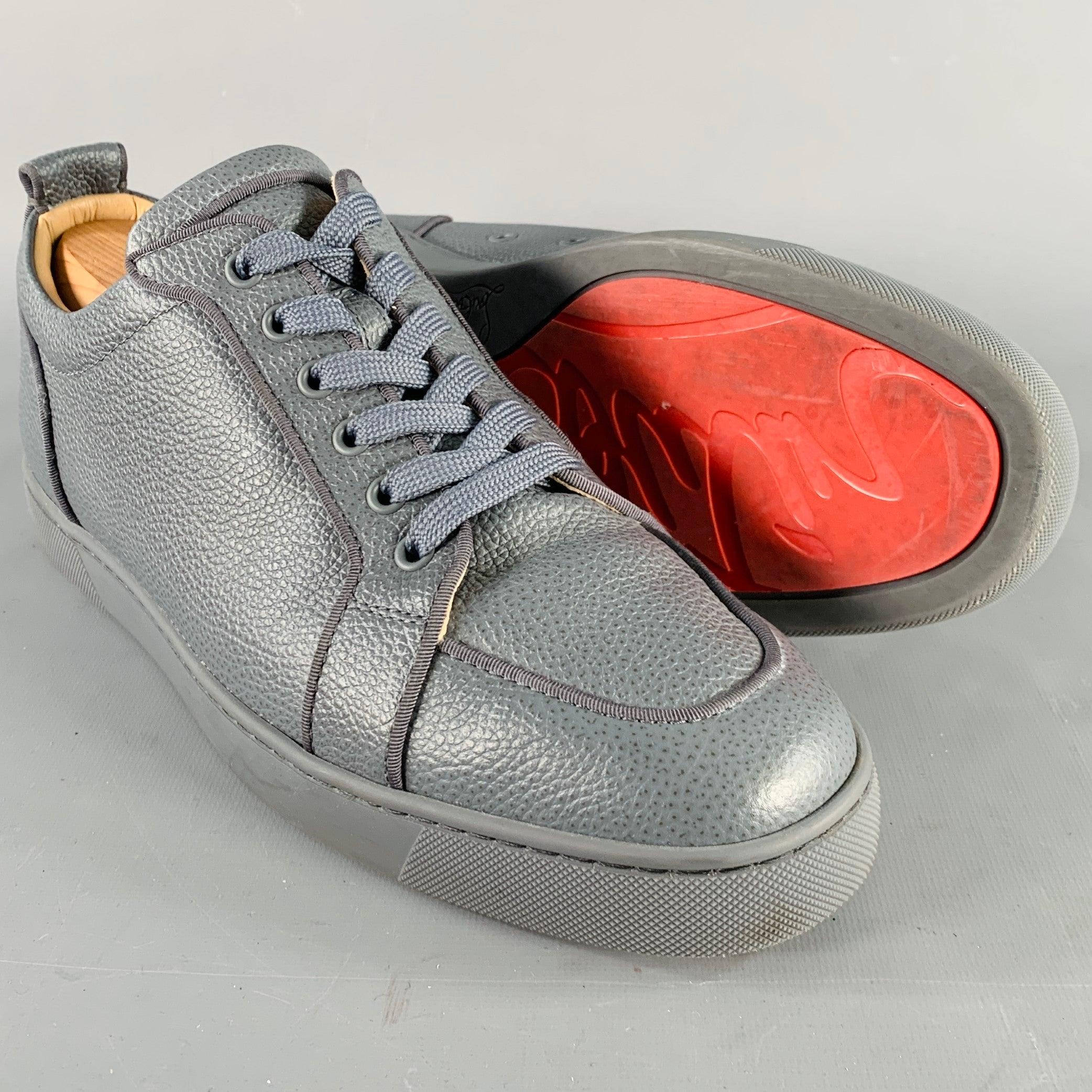 Men's CHRISTIAN LOUBOUTIN Size 11 Rantulow Orlato Grey Slate Pebble Grain Leather Low Top Sneakers