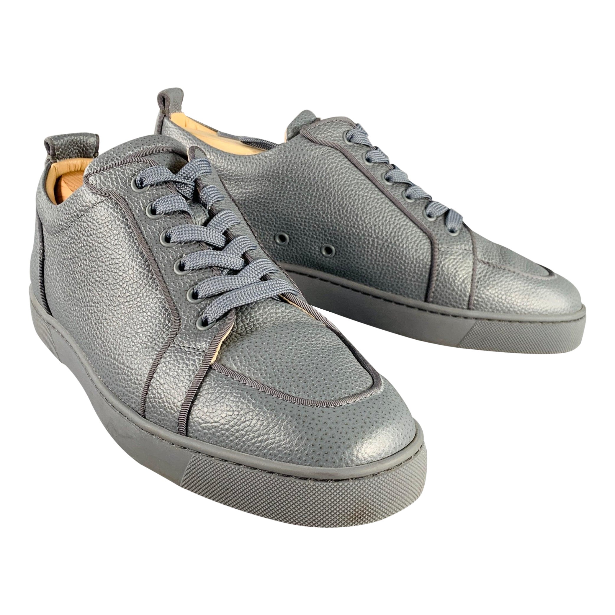 CHRISTIAN LOUBOUTIN Size 11 Rantulow Orlato Grey Slate Pebble Grain Leather Low Top Sneakers