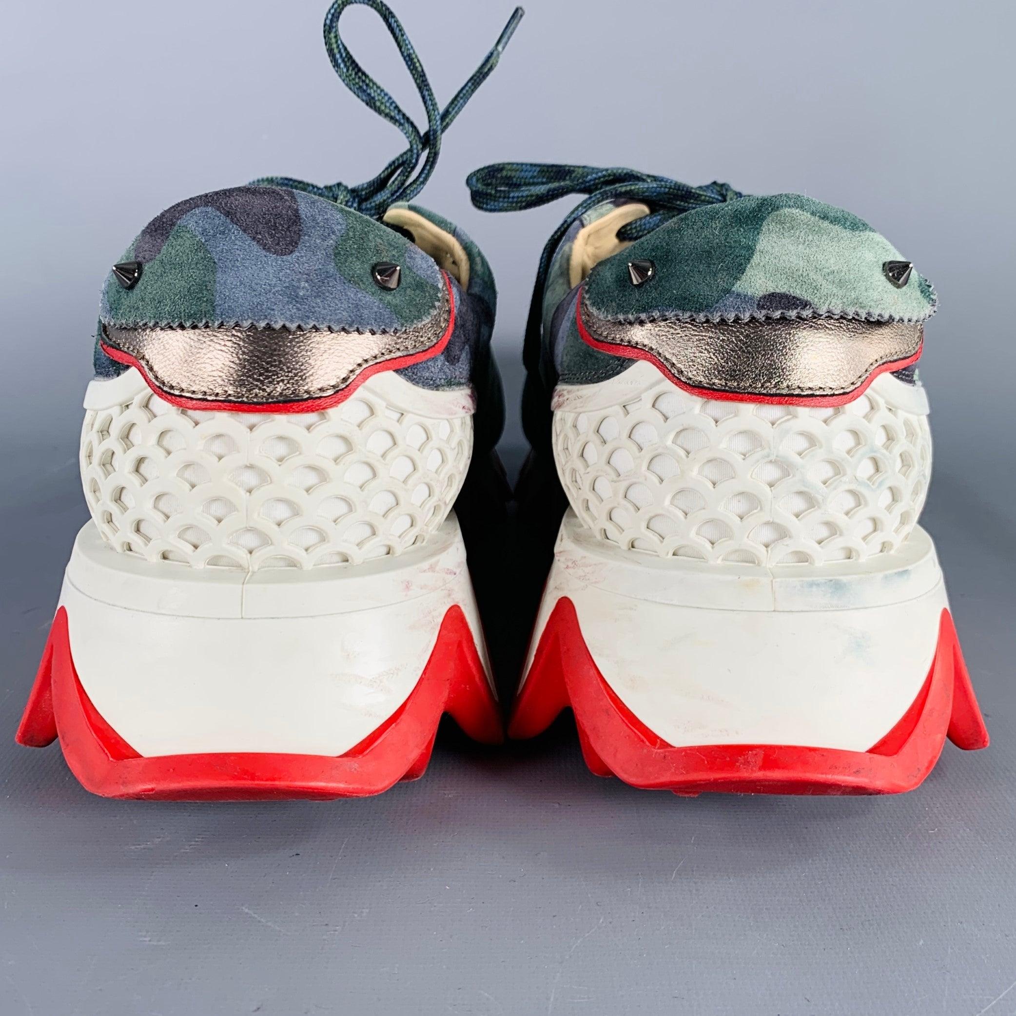 Gray CHRISTIAN LOUBOUTIN Size 12 Green Blue Camouflage Suede Red Sole Sneakers For Sale