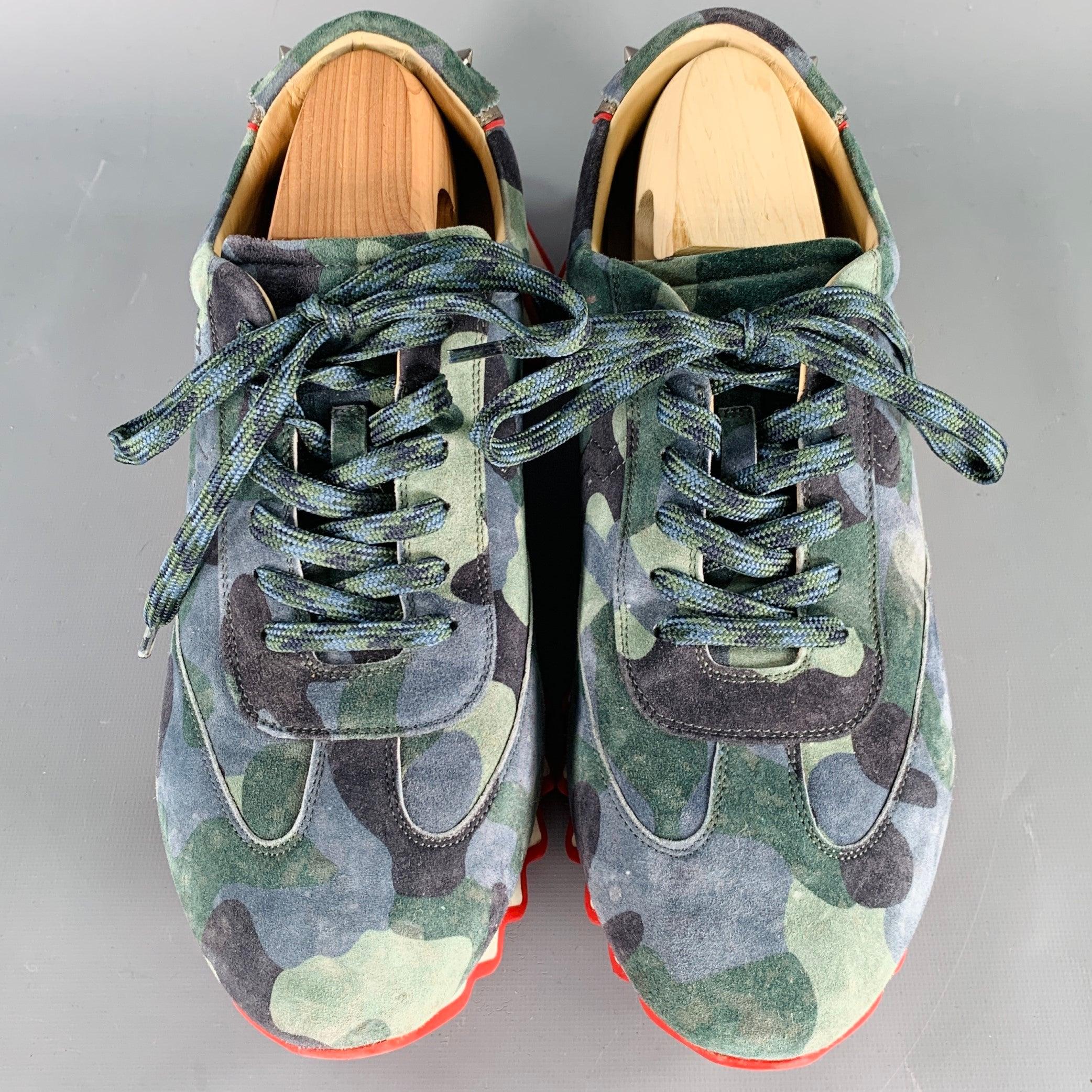 CHRISTIAN LOUBOUTIN Size 12 Green Blue Camouflage Suede Red Sole Sneakers In Good Condition For Sale In San Francisco, CA
