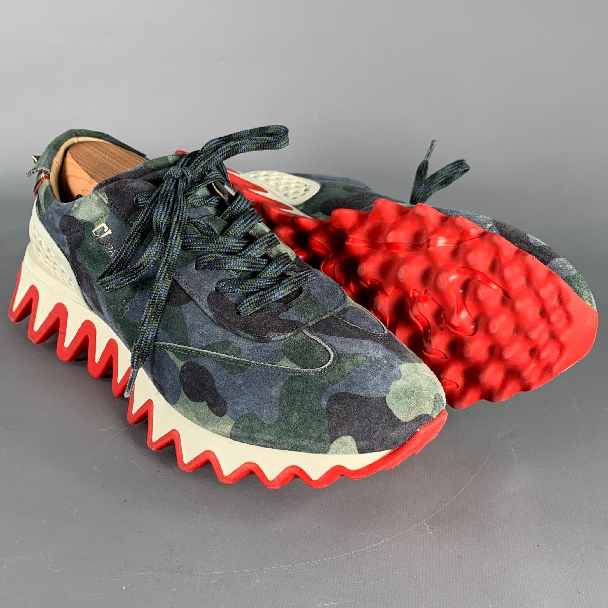 Men's CHRISTIAN LOUBOUTIN Size 12 Green Blue Camouflage Suede Red Sole Sneakers For Sale