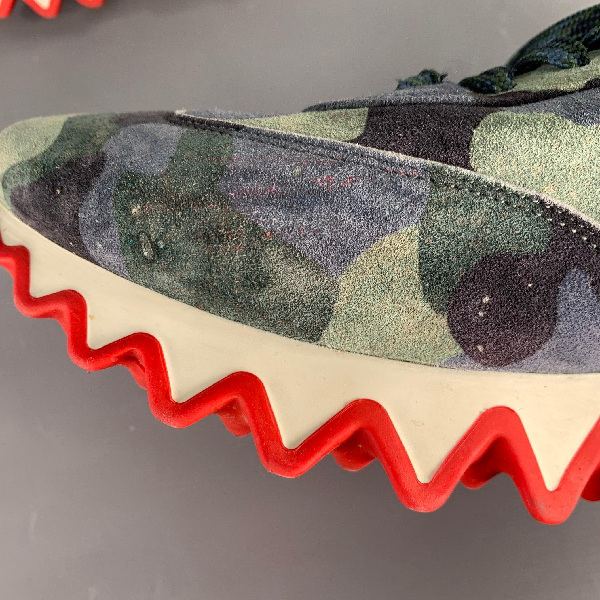 CHRISTIAN LOUBOUTIN Size 12 Green Blue Camouflage Suede Red Sole Sneakers For Sale 2