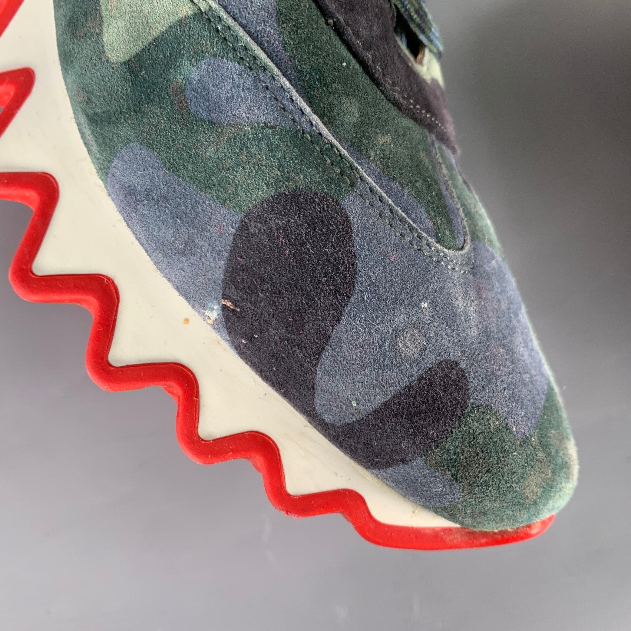 CHRISTIAN LOUBOUTIN Size 12 Green Blue Camouflage Suede Red Sole Sneakers For Sale 3