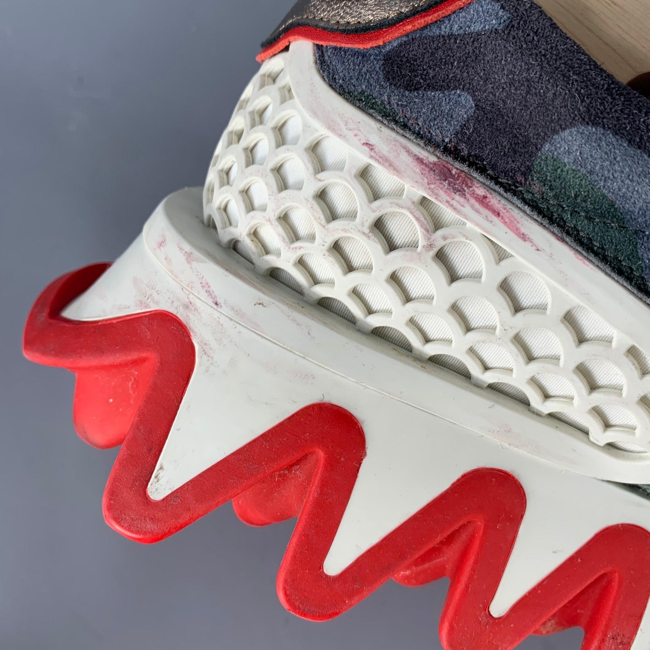 CHRISTIAN LOUBOUTIN Size 12 Green Blue Camouflage Suede Red Sole Sneakers For Sale 4